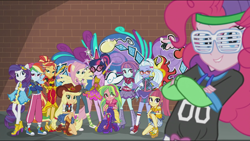 Size: 1920x1080 | Tagged: safe, screencap, fluttershy, lemon zest, pinkie pie, rainbow dash, rarity, sci-twi, sour sweet, sugarcoat, sunny flare, sunset shimmer, twilight sparkle, dance magic, equestria girls, spoiler:eqg specials, armpits, clothes, converse, ponied up, rapper, rapper dash, rapper pie, scitwilicorn, shoes, shutter shades, tutu