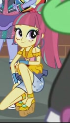 Size: 244x431 | Tagged: safe, screencap, pinkie pie, sour sweet, sugarcoat, dance magic, equestria girls, spoiler:eqg specials, clothes, ear piercing, earring, female, freckles, high heels, jewelry, offscreen character, piercing, ponytail, shoes, skirt, skirt lift, smiling