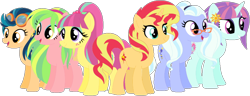 Size: 1024x392 | Tagged: safe, artist:ra1nb0wk1tty, indigo zap, lemon zest, sour sweet, sugarcoat, sunny flare, sunset shimmer, earth pony, pegasus, pony, unicorn, alternate universe, ear piercing, earring, equestria girls ponified, female, glasses, goggles, jewelry, mare, piercing, ponified, shadow five, simple background, transparent background