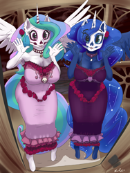 Size: 2000x2666 | Tagged: safe, artist:nivrozs, princess celestia, princess luna, anthro, unguligrade anthro, armpits, big breasts, breasts, cleavage, clothes, dia de los muertos, dress, female, hips, makeup, nightmare night, princess balloona, princess breastia