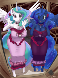 Size: 1500x2000 | Tagged: safe, artist:nivrozs, princess celestia, princess luna, anthro, unguligrade anthro, armpits, breasts, cleavage, clothes, dress, female, hips, nightmare night, princess balloona, princess breastia, short pastern, wide hips