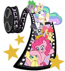 Size: 2356x2545 | Tagged: safe, artist:abbystarling, apple bloom, fluttershy, pinkie pie, princess celestia, spike, zecora, alicorn, dragon, pegasus, pony, zebra, film, film reel, obtrusive watermark, simple background, transparent background