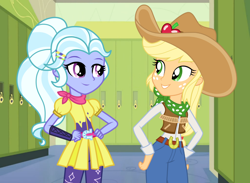 Size: 1022x750 | Tagged: safe, artist:cloudyglow, artist:favoriteartman, artist:mixermike622, artist:themexicanpunisher, applejack, sugarcoat, equestria girls, alternate hairstyle, canterlot high, clothes, cowgirl, female, hat, lockers, pants