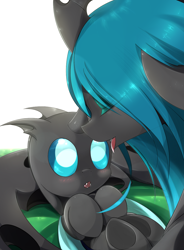 Size: 1050x1425 | Tagged: safe, artist:zymonasyh, queen chrysalis, changeling, changeling queen, nymph, :o, baby, blushing, cute, cutealis, cuteling, duo, eyes closed, fangs, female, licking, lying down, mommy chrissy, on back, open mouth, prone, smiling, tongue out, underhoof