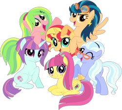 Size: 1024x925 | Tagged: safe, artist:ra1nb0wk1tty, indigo zap, lemon zest, sour sweet, sugarcoat, sunny flare, sunset shimmer, pony, alternate universe, equestria girls ponified, mane six opening poses, ponified, shadow five, simple background, transparent background