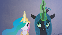 Size: 637x361 | Tagged: safe, artist:brianblackberry, princess celestia, queen chrysalis, alicorn, changeling, changeling queen, pony, glowing horn, magic