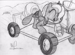 Size: 3300x2414 | Tagged: safe, artist:drawponies, princess luna, alicorn, pony, lunar rover, monochrome, solo, traditional art