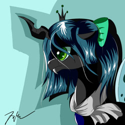 Size: 894x894 | Tagged: safe, artist:camaine, queen chrysalis, changeling, changeling queen, nymph, bow, bust, clothes, crown, cute, cutealis, female, filly, filly queen chrysalis, foal, hair bow, jewelry, regalia, shadow, signature, younger