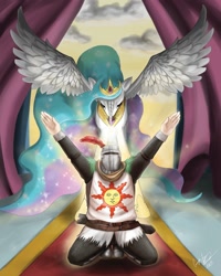 Size: 1200x1500 | Tagged: artist needed, source needed, safe, princess celestia, alicorn, human, pony, crossover, dark souls, female, mare, praise the sun, solaire of astora, spread wings, sunbro, wings
