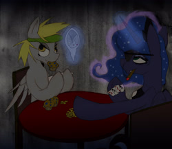 Size: 4581x3983 | Tagged: safe, artist:xenalollie, derpy hooves, princess luna, alicorn, pegasus, pony, bits, card, cigar, female, mare, muffin