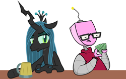 Size: 2032x1270 | Tagged: safe, artist:cartuneslover16, queen chrysalis, changeling, changeling queen, cider, lucy, robot and monster