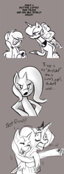 Size: 425x1161 | Tagged: safe, artist:fauxsquared, artist:herny, princess luna, trixie, oc, alicorn, pony, comic, hug, luna-afterdark, monochrome, owl eyes