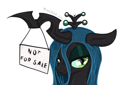 Size: 6422x4417 | Tagged: dead source, safe, artist:da-futaba, queen chrysalis, changeling, changeling queen, absurd resolution, looking at you, not for sale, portrait, sign, solo