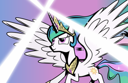 Size: 1024x668 | Tagged: safe, artist:heatwavemakesart, princess celestia, alicorn, pony, crown, female, horn, mare, multicolored mane, multicolored tail, solo, white coat, white wings, wings