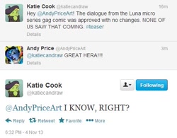 Size: 477x372 | Tagged: safe, idw, screencap, princess luna, andy price, katie cook, text, twitter