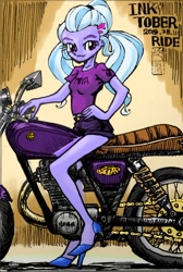 Size: 678x1009 | Tagged: safe, artist:dadss_rootbeer, sugarcoat, equestria girls, clothes, looking at you, motorcycle, shirt, shorts, smiling, solo, t-shirt