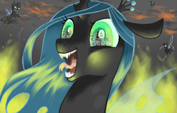 Size: 1250x800 | Tagged: dead source, safe, artist:elenaboosy, queen chrysalis, changeling, changeling queen, burning, canterlot, eye, eye reflection, eyes, fire, reflection