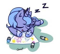 Size: 800x723 | Tagged: safe, artist:grasspainter, princess luna, alicorn, pony, crayon, cute, drawing, eyes closed, filly, prone, sleeping, smiling, solo, woona, zzz