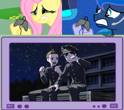 Size: 676x600 | Tagged: safe, fluttershy, princess luna, alicorn, pegasus, pony, ace attorney, apollo justice, clay terran, exploitable meme, fluttercry, gamer luna, meme, obligatory pony, tv meme