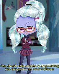 Size: 900x1126 | Tagged: safe, artist:eleo, sugarcoat, equestria girls, chibi, clothes, crossed arms, crystal prep academy uniform, dialogue, looking at you, open mouth, raised eyebrow, school uniform, solo