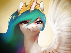 Size: 1600x1200 | Tagged: safe, artist:imalou, princess celestia, alicorn, pony, faic, female, grin, mare, portrait, smirk, smug, smuglestia, sneer, solo, spread wings