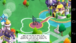 Size: 960x540 | Tagged: safe, queen chrysalis, twilight sparkle, changeling, changeling queen, android, cake, english, female, game screencap, gameloft, speech bubble, text