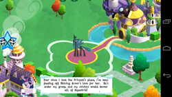 Size: 1280x720 | Tagged: safe, queen chrysalis, twilight sparkle, changeling, changeling queen, android, error, female, game screencap, gameloft, glitch, speech bubble, text