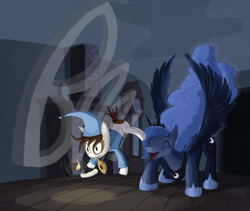 Size: 1325x1120 | Tagged: safe, artist:bakuel, pipsqueak, princess luna, alicorn, pony, boo, candle, clock, clothes, eyes closed, fireplace, grandfather clock, hat, jumping, mirror, mouth hold, night, nightcap, open mouth, prank, smiling, spread wings, startled, this will end in tears, traditional royal canterlot voice