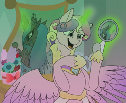 Size: 900x736 | Tagged: safe, artist:100yearslater, princess cadance, queen chrysalis, alicorn, changeling, changeling queen, pony, clothes, disguise, disguised changeling, dress, fake cadance, female, flower, glowing horn, grin, horn, magic, mirror, reflection, smiling, spread wings, wings