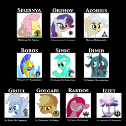 Size: 600x600 | Tagged: safe, applejack, fluttershy, lyra heartstrings, mayor mare, pinkie pie, queen chrysalis, rainbow dash, rarity, screw loose, twilight sparkle, changeling, changeling queen, earth pony, pegasus, pony, squirrel, unicorn, city of guilds, comparison chart, glasses, glowing eyes, guildpact, hand, magic the gathering, pinkamena diane pie, ravnica, twilight snapple