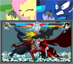 Size: 1257x1093 | Tagged: safe, artist:terry, fluttershy, princess luna, alicorn, pegasus, pony, alucard, controller, exploitable meme, eyes closed, female, flatscreen, gamer luna, gamer meme, gamershy, happy, hellsing, hoof hold, lilies, mare, meme, obligatory pony, open mouth, pink mane, screen, smiling, tv meme, white lily, yellow coat