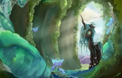 Size: 1200x768 | Tagged: dead source, safe, artist:fly-gray, queen chrysalis, changeling, changeling queen, cave, cocoon, crepuscular rays, female, flower, mare, solo