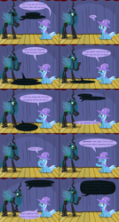 Size: 1500x2807 | Tagged: safe, artist:evil-dec0y, queen chrysalis, changeling, changeling queen, pony, unicorn, comic:trixie vs., ask, cape, clothes, comic, duo, duo female, female, hat, mare, stage, trixie's cape, trixie's hat, tumblr