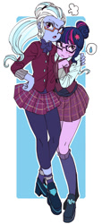 Size: 389x855 | Tagged: safe, artist:pasikon, edit, sci-twi, sugarcoat, twilight sparkle, equestria girls, blushing, bowtie, clothes, cropped, crystal prep academy uniform, female, glasses, lesbian, looking at you, plaid skirt, pleated skirt, school uniform, shipping, shoes, skirt, socks, sugartwi