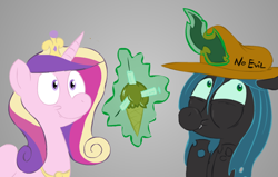 Size: 630x400 | Tagged: safe, princess cadance, queen chrysalis, alicorn, changeling, changeling queen, pony, hat, ice cream, ice cream cone, needle, seems legit, syringe