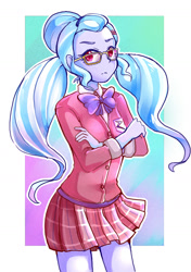 Size: 1000x1420 | Tagged: safe, artist:hobilo, sugarcoat, equestria girls, clothes, crossed arms, crystal prep academy uniform, glasses, looking at you, miniskirt, pigtails, plaid skirt, pleated skirt, school uniform, skirt, solo, twintails, unamused