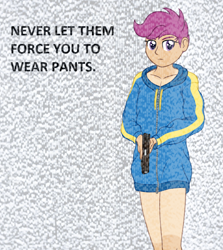 Size: 730x820 | Tagged: safe, artist:deserter, derpibooru import, scootaloo, human, abstract background, aesthetic, bottomless, breasts, clothes, clothing theft, context is for the weak, delicious flat chest, fashwave, frown, gun, handgun, hoodie, humanized, implied commando, oversized clothes, partial nudity, pistol, rainbow dash's hoodie, short hair, sideways glance, static, tan lines, trigger discipline, weapon