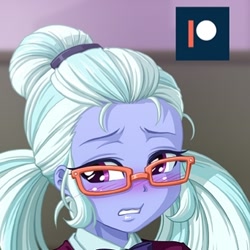 Size: 342x342 | Tagged: safe, artist:uotapo, edit, sugarcoat, equestria girls, blushing, classroom, cringing, cropped, female, glasses, patreon, patreon logo, solo