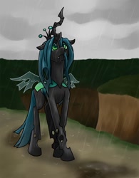 Size: 1500x1926 | Tagged: safe, artist:mrs1989, queen chrysalis, changeling, changeling queen, female, horn, rain, sad