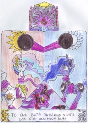 Size: 759x1053 | Tagged: safe, artist:chatsium, princess celestia, princess luna, twilight sparkle, oc, alicorn, pony, betrayal, corrupted, dark magic, dimness void, eclipse, evil, magic, tentacles