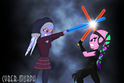 Size: 3000x2016 | Tagged: safe, artist:cyber-murph, aria blaze, sugarcoat, equestria girls, commission, crossover, glasses, headgear, jedi, lightsaber, signature, sith, species swap, star wars, twi'lek, weapon