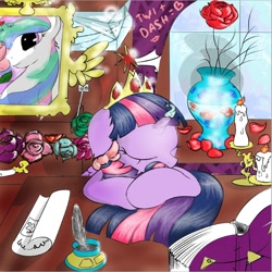 Size: 792x792 | Tagged: safe, artist:nyashaponyasha, princess celestia, rainbow dash, twilight sparkle, twilight sparkle (alicorn), alicorn, pegasus, pony, book, candle, feather, female, implied shipping, implied twidash, ink, lesbian, mare, portrait, shipping, twidash