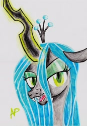 Size: 1992x2880 | Tagged: safe, queen chrysalis, changeling, changeling queen, female, simple background, solo, traditional art, white background