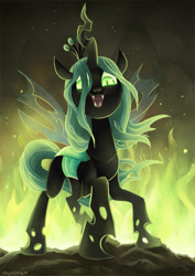 Size: 491x694 | Tagged: dead source, safe, artist:tsurime, queen chrysalis, changeling, changeling queen, fire, looking at you, smiling, solo