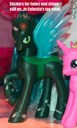 Size: 430x716 | Tagged: safe, princess cadance, queen chrysalis, alicorn, changeling, changeling queen, pony, g4, butthurt, complaining, complaint, holes, op is a cuck, quality, shoes, sticker, text, toy, why hasbro why