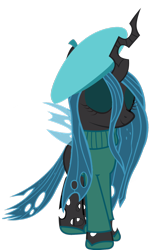 Size: 900x1382 | Tagged: safe, artist:cool77778, queen chrysalis, changeling, changeling queen, becoming popular, beret, clothes, eyes closed, female, hat, mare, shoes, simple background, sweater, transparent background