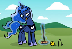 Size: 850x580 | Tagged: safe, artist:lightbulb, princess luna, alicorn, pony, croquet, croquet mallet, magic, playing, solo, sports