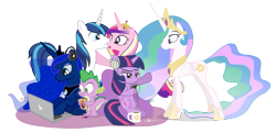 Size: 1485x720 | Tagged: safe, artist:dm29, princess cadance, princess celestia, princess luna, shining armor, spike, twilight sparkle, twilight sparkle (alicorn), alicorn, dragon, pony, unicorn, coffee, computer, female, headphones, mare, simple background, transparent background