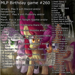 Size: 2000x2000 | Tagged: safe, apple bloom, applejack, cloudchaser, derpy hooves, dinky hooves, discord, dj pon-3, flitter, fluttershy, octavia melody, pinkie pie, princess luna, queen chrysalis, rainbow dash, rarity, scootaloo, slendermane, spitfire, sunset shimmer, sweetie belle, trixie, twilight sparkle, vinyl scratch, pegasus, pony, birthday game, cutie mark crusaders, exploitable meme, female, mane six, mare, meme, pinkamena diane pie, princess molestia, slenderpony, video game