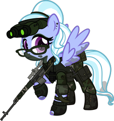 Size: 5000x5321 | Tagged: safe, artist:n0kkun, sugarcoat, pegasus, pony, belt, boots, camouflage, clothes, commission, dirt, ear piercing, earring, equestria girls ponified, eyeshadow, female, fingerless gloves, glasses, gloves, goggles, gun, hairband, holster, jewelry, karambit, knife, makeup, mare, mercenary, mud, night vision goggles, pants, piercing, ponified, pouch, radio, raised hoof, rifle, shoes, simple background, sniper rifle, sniperskya vintovka dragunova, solo, transparent background, walkie talkie, weapon